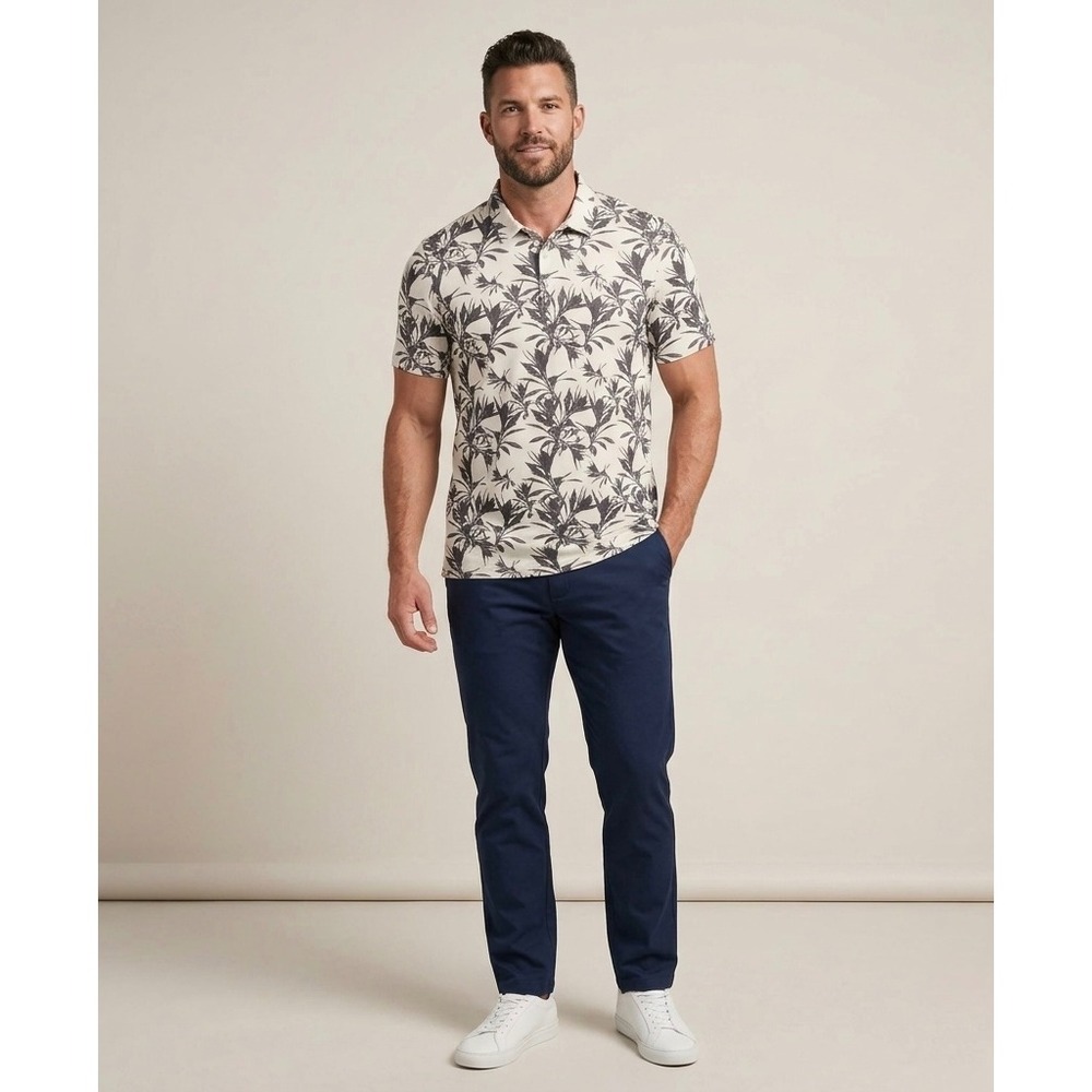 TravisMathew Featherweight Golf Polo Mens 2XL Cream Olive Tropical‎ Leaf 1MAB039